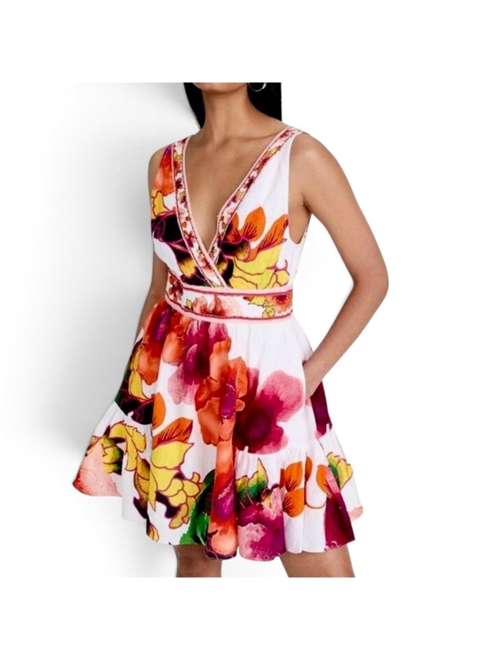 CAMILLA Pretty As A Poppy Panelled Short Dress Linen Crystal Floral Size L